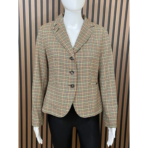 Talbots Womens Brown Blazer Wool Blend Jacket Elbow Patch Stretch Houndstooth 6p - Picture 1 of 9